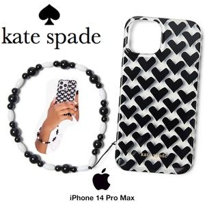KATE SPADE Black Hearts Beaded Wristlet Strap iPhone 14 PRO MAX Hard Case